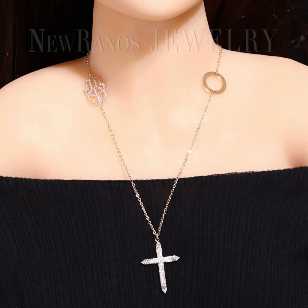 Newranos Cross Pendant Necklace Cubic Zirconia Hamsa Hand Circle Turkish Long Chain for Women Fashion Jewelry NWX001502 | Украшения и