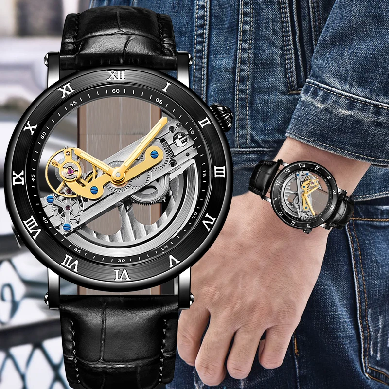 

Forsining Minimalism Design Leather Transparent Skeleton Men Watches Top Brand Luxury Steampunk Mechanical Automatic Wristwatch