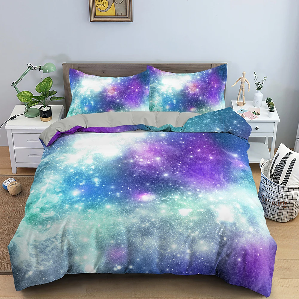 

3D Blue Galaxy Duvet Cover Set Outer Space Teen Bedding Set Kids Adult Bed Starry Sky Pattern Bedding Set Queen King Size Gifts