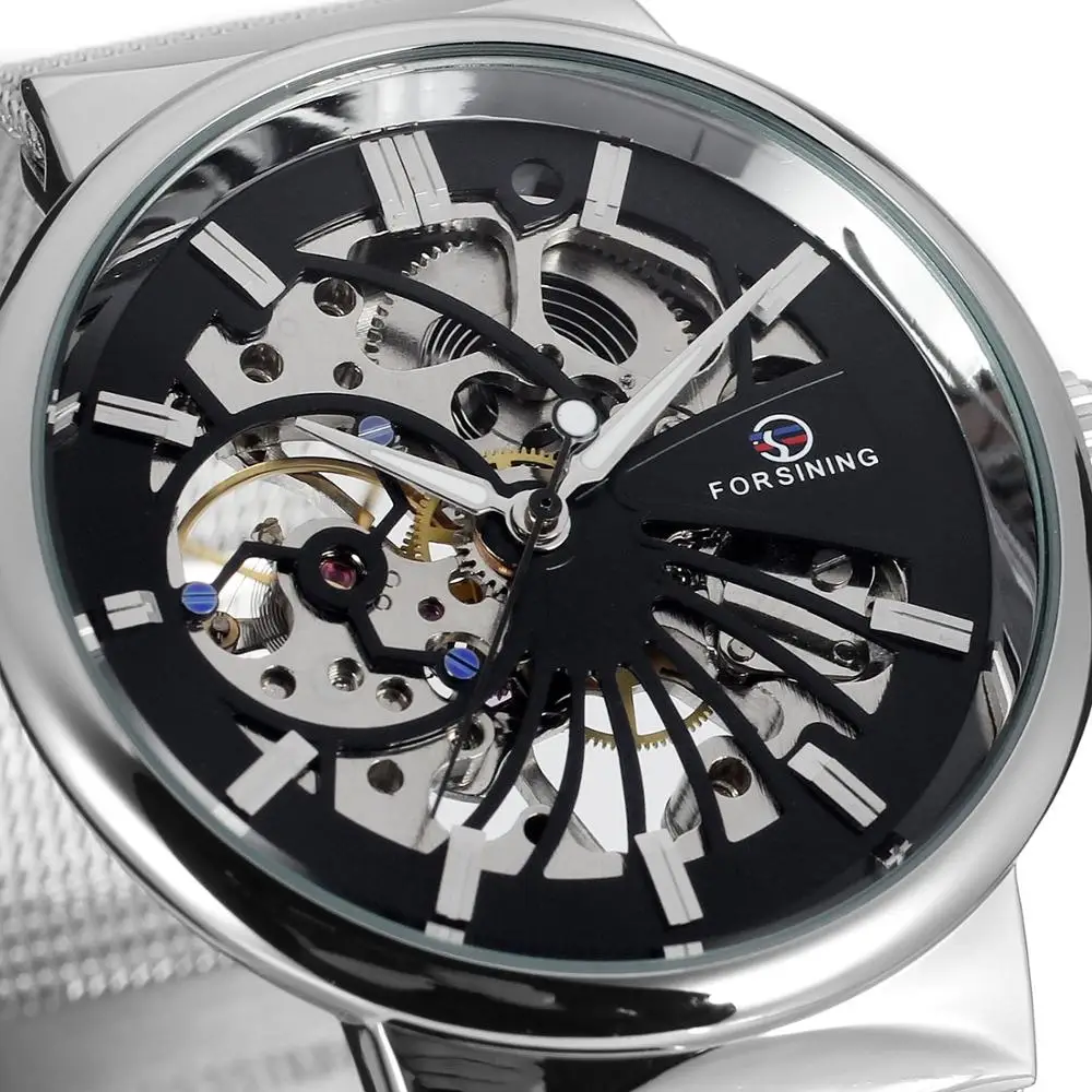 Reloj Hombre Forsining Лидирующий бренд роскошные серебряные часы для мужчин сетчатый ремешок 3D логотип дизайн Скелет циферблат ультра тонкие механические часы