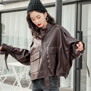 

2020 New Overcoat Cool Casual Loose Women Pu Leather Jacket Autumn Soft Faux Leather Jacket Big Size Ladies Basic Coats Tide