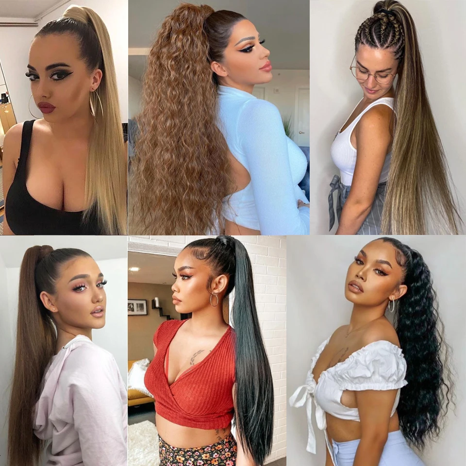 Synthetic Long Straight Ponytail Hair Extensions Heat Resistant 24&ldquo; 120g Wrap Around Pony Hairpiece for Women