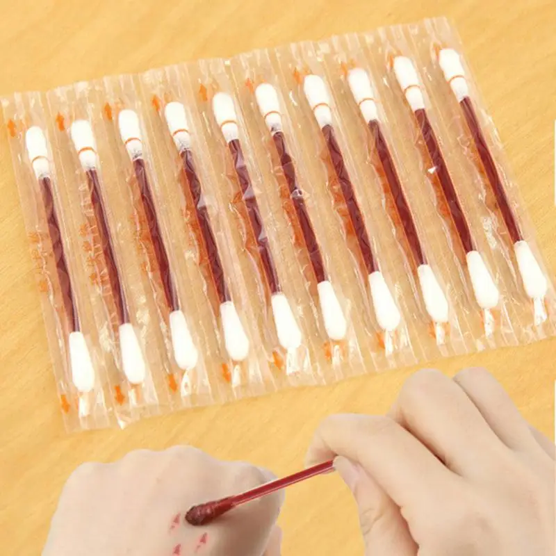 

10pcs Stick Iodine Portable Double- Bar Wood Cotton Swab Make Up Disinfected Medical Multifunction Disposable