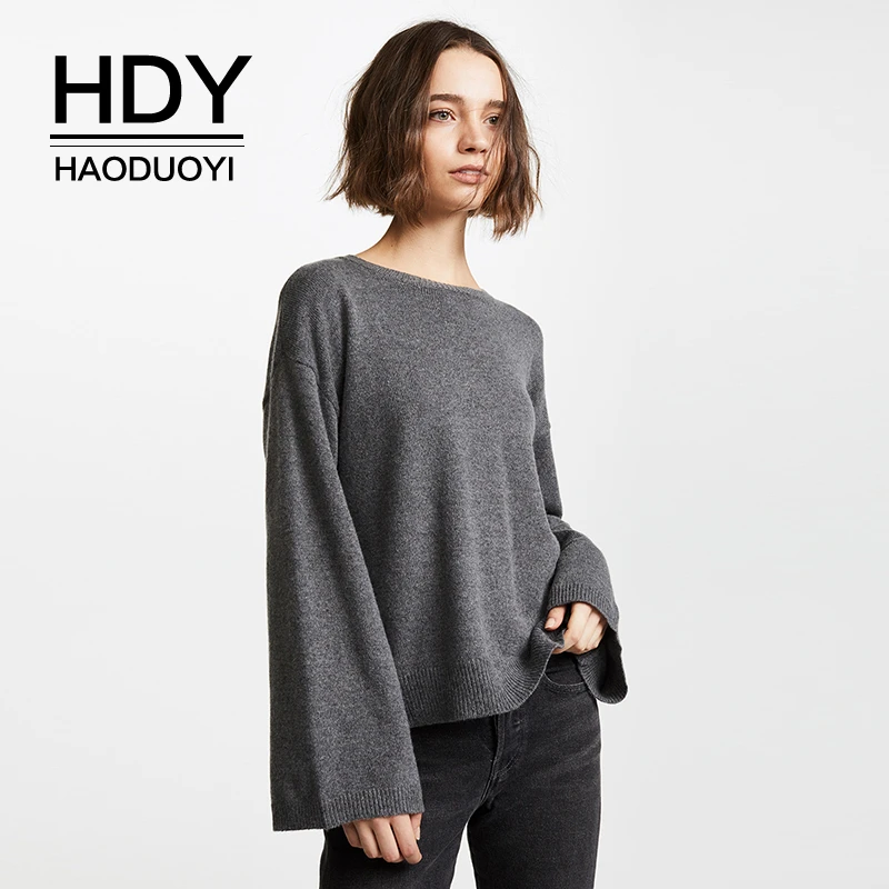 

HDY Haoduoyi Women Sexy Solid Long Sleeve O-neck Casual Sexy Split Back Buckle Soft Warm Pullover Sweater