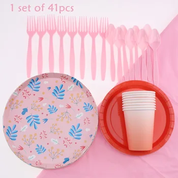 

Multicolored Floral Theme Party Tableware Baby Shower Birthday Decoration Layout Plates Cups Disposable Tableware Party Supplies
