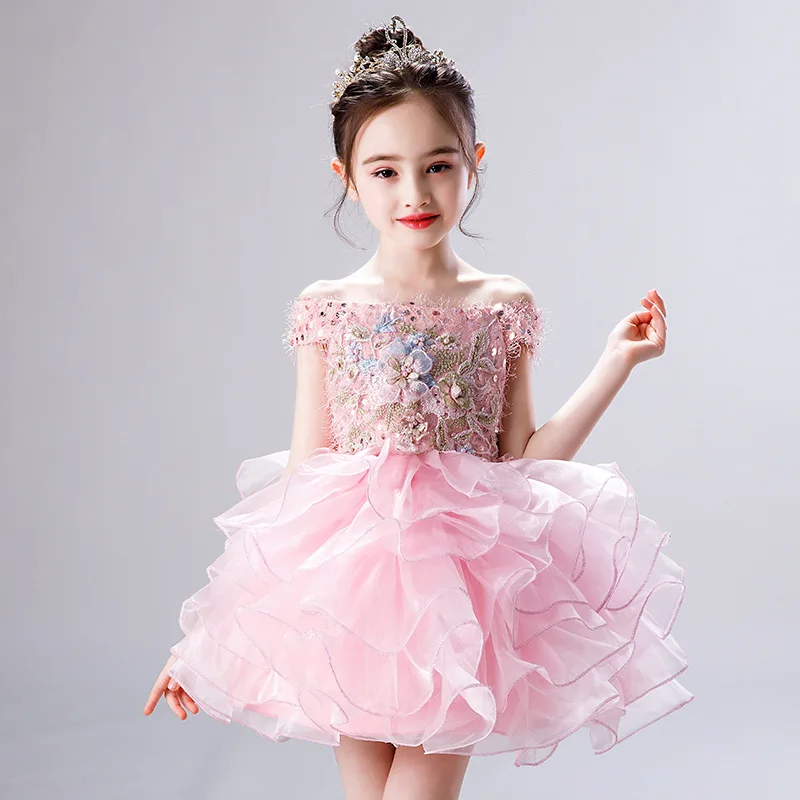 

Elegant Appliques Shoulderless Flower Girl Dress Baby Infant Birthday Party Princess Prom Dress Kids Children Tutu Mesh Gowns