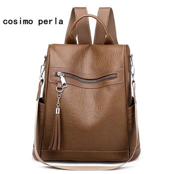 

Korean Casual Black Leather Backpacks for Women 2020 Fashion Tassel Antitheft Bagpack College Brown Travel Shoulder Bag Backback