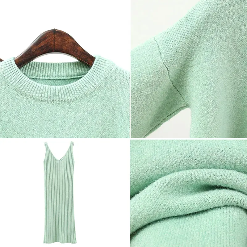 Осень зима 2019 Модный женский свитер + кружевное платье Однотонный костюм из 2