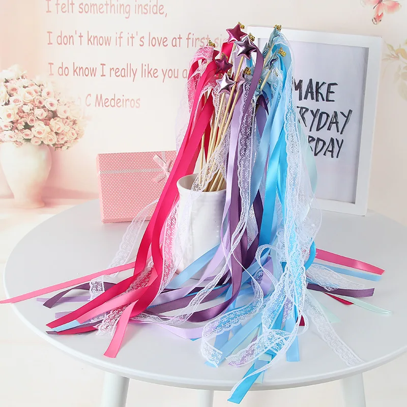 

20pcs/lot Wedding Ribbon Stick Wands Magic Colorful Lace Ribbon Wedding Twirling Streamers with Bells Star Wedding Decor Props