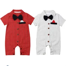 Джентльменский комбинезон в полоску с галстуком-бабочкой для новорожденных мальчиков; комбинезон; нарядная одежда для свадебной вечеринки; цельнокроеная летняя одежда с короткими рукавами
