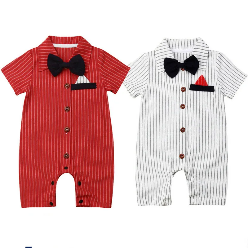 Gentlemen Baby Boy Newborn Bowtie Stripe Romper Jumpsuit Outfits Formal Wedding Party Short Sleeve One Piece Clothes Summer |