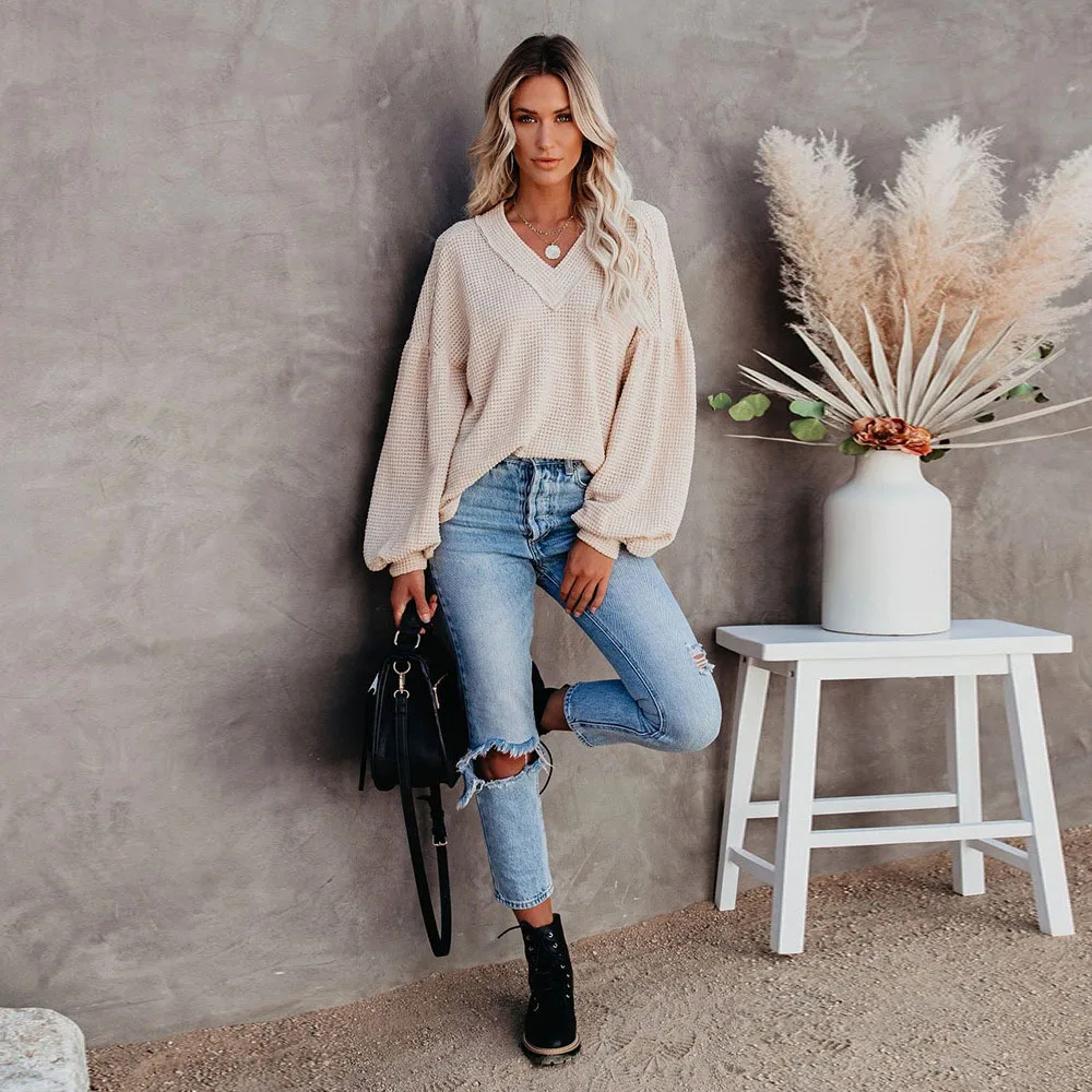 Diiwii Sweater Woman Loose Pullover Jumper Ladies Long Sleeve Knitted Female Knitwear V Neck Fashion Casual T-Shirts Design