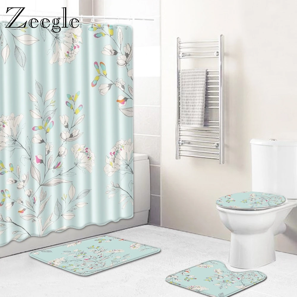 Zeegle Cartoon 4PCS Bath Mat Set Shower Room Anti-slip Soft Rug Toilet Seat Cover Waterproof Curtain Waterproof Shower Curtain