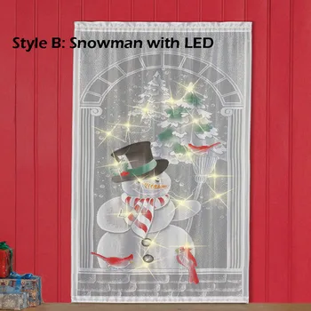 

Christmas Snowman Pattern Lace Curtains LED Light Sheer Tulle Rod Curtains Christmas Living Room Vertical Hanging Decoration