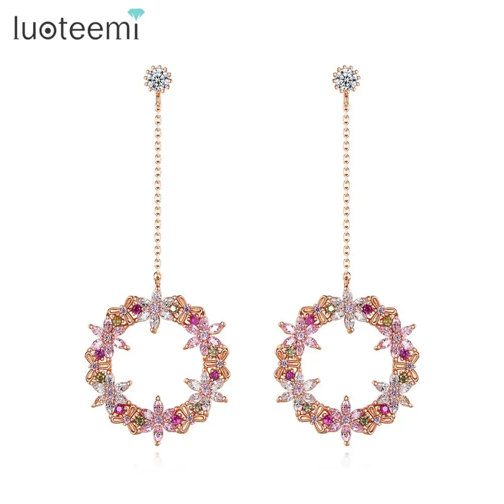 LUOTEEMI новые модные круглые висячие серьги с фианитами для женщин Свадебные