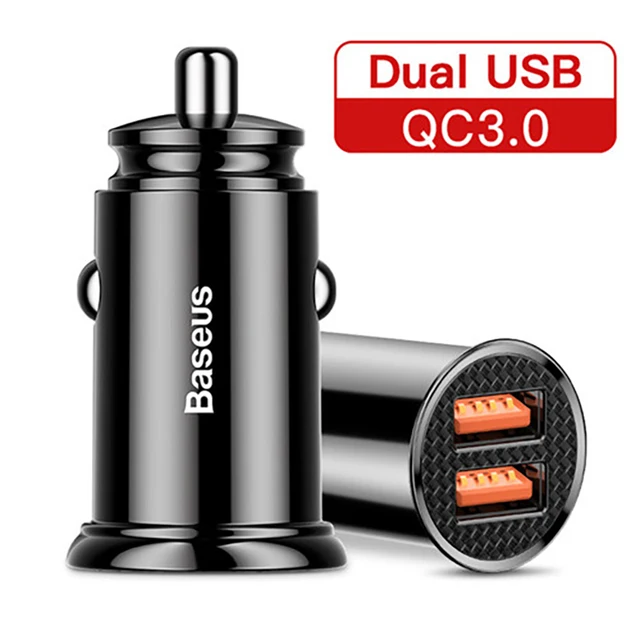 Baseus 30W Car Fast Charger Quick Charge 4.0 3.0 USB Type-C Fast Charging Car Phone Charger For Huawei Xiaomi iPhone 12 Black Dual USB