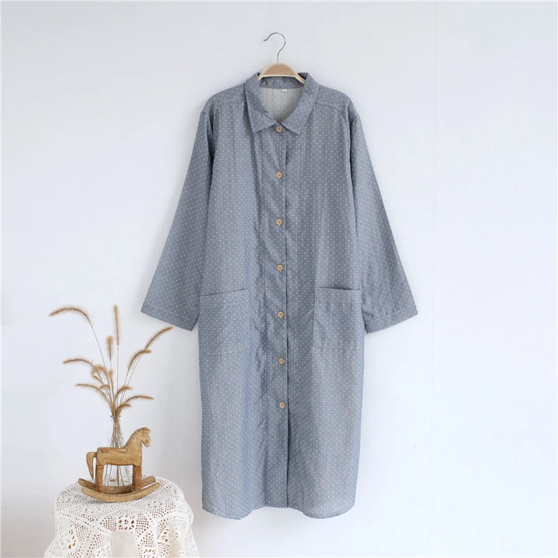 Spring Summer WOMEN'S Long Sleeve Home Skirt Long Skirts Cotton shuang ceng sha Dots Shirt Collar Nightgown Japanese-style Mori