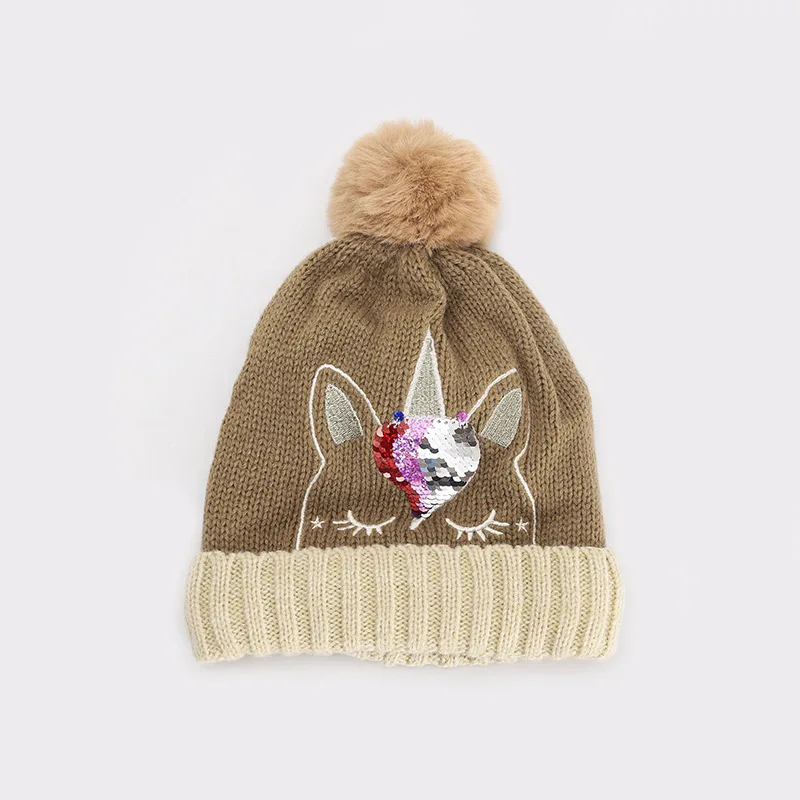 Unicorn Sequin Knitted Wool Beanie Hat