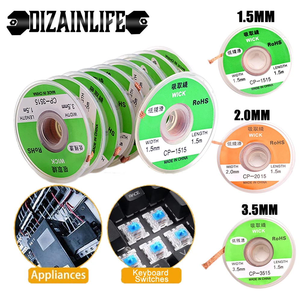 Cable de cobre de 1,5mm, 2,0mm, 3,5mm de longitud, 1,5 M de ancho, alambre de soldadura trenzada, removedor de soldadura, cable de plomo de bronce, herramienta portátil de reparación de flujo