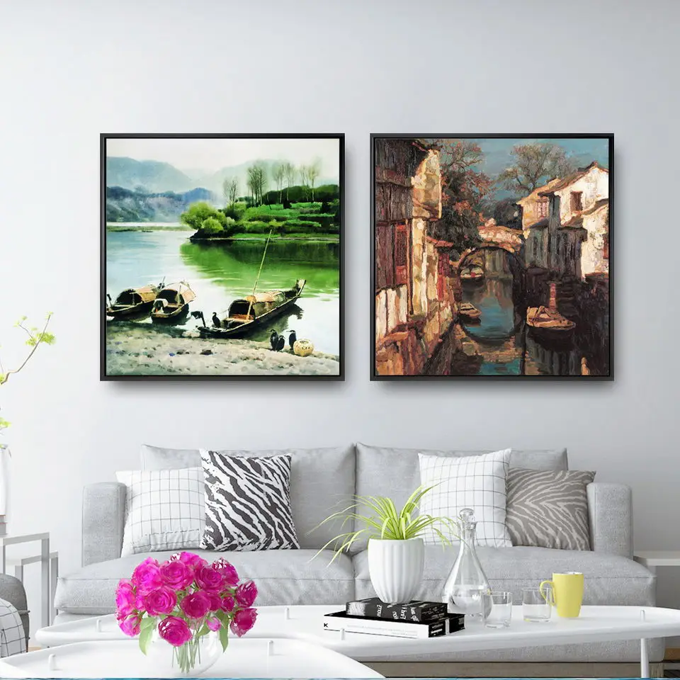 Home Decoration Painting Print Canvas Wall Art Pictures Square Poster Oil Unframed Drawings Water Village | Дом и сад