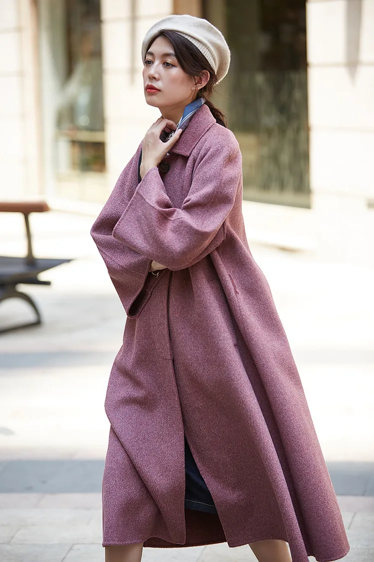 Зимние женские пальто, классическое Ретро двухстороннее кашемировое пальто, одноцветное шерстяное пальто с поясом, волнистое кашемировое пальто для женщин 8513