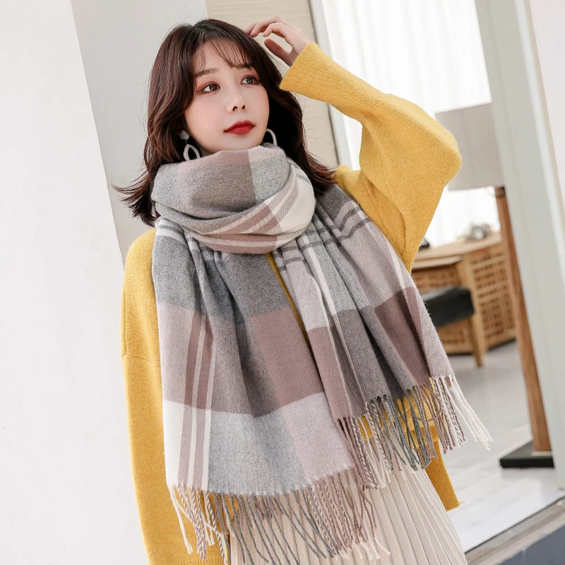 Korea Plaid Wool Scarf for Women Outdoor Warm Cashmere Foulard Femme Shawls,Wraps Echarpe Pashmina Ladies Winter Wool Scarves