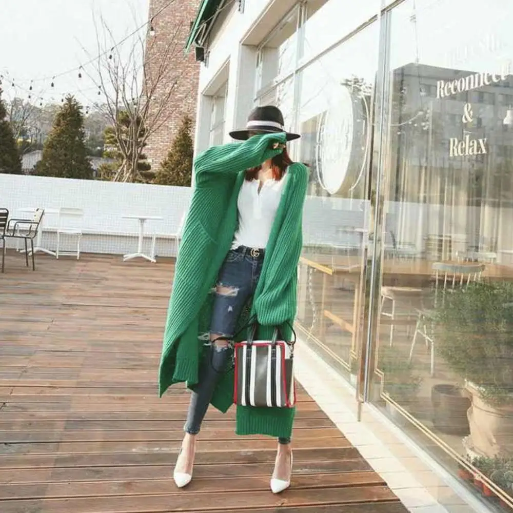 

2019 Autumn And Winter New Loose Cardigan Sweater Women's Long section Thick Wool over the knee thick knit jacket