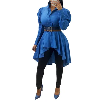 

Blue Denim Women Long Shirts Blouse Spring Slim African 2020 Ruffles High Waist Casual Shirts Dress Blouse Tops Lady Work