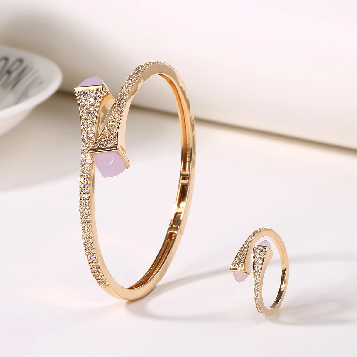 2021 New Romatic Women Fashion 2 Pcs Bracelet & Ring Set Candy color stone Simple Design Gold Open Cuff Bangle Ring Jewelry Set 