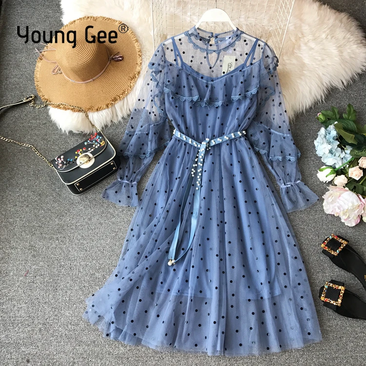 Young Gee/весенне-осеннее платье в горошек с длинными рукавами; элегантное кружевное платье феи из сетчатой ткани с поясом, украшенным жемчугом; Modis Vestido