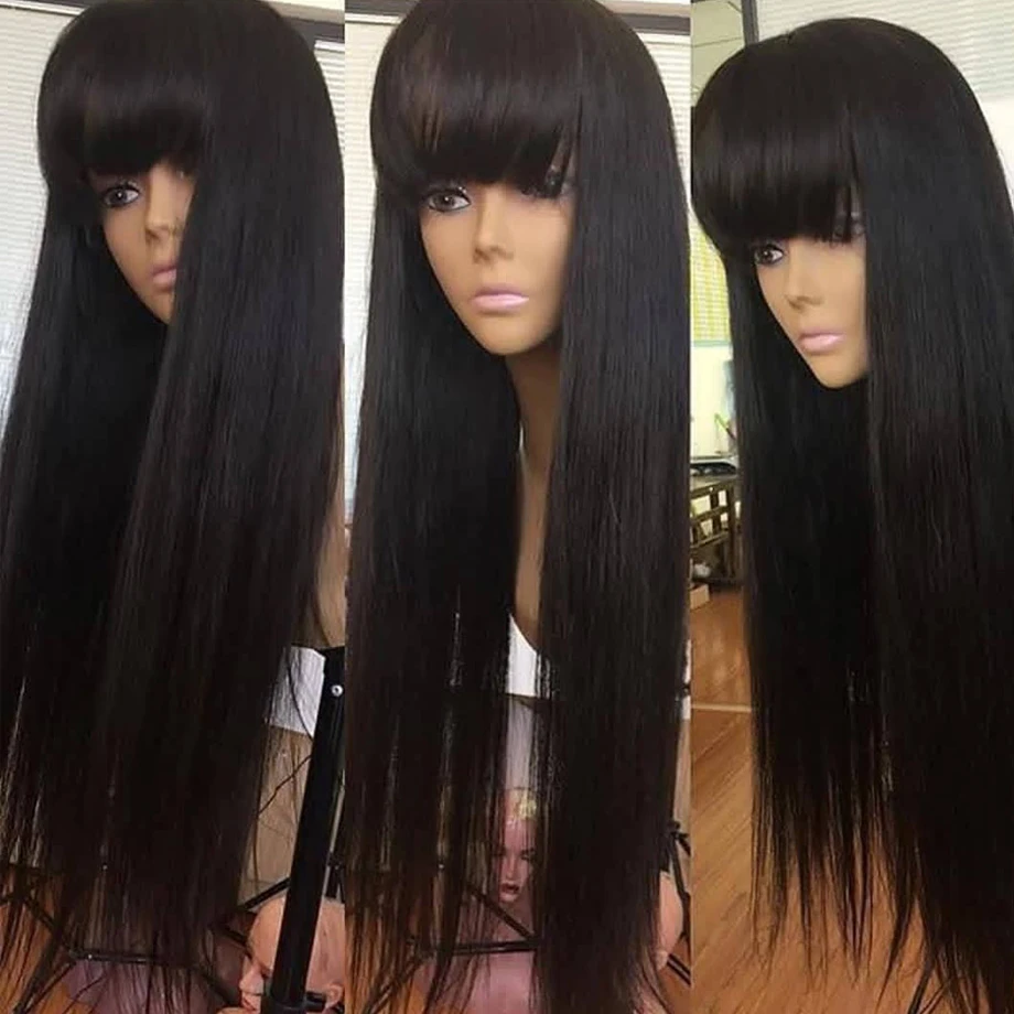Wig With Bangs Straight Lace Front Human Hair Wigs For Black Women Brazilian Fringe 30 Inch Wig Short Natural Hair Pre Plucked Full Machine Wigs Aliexpress