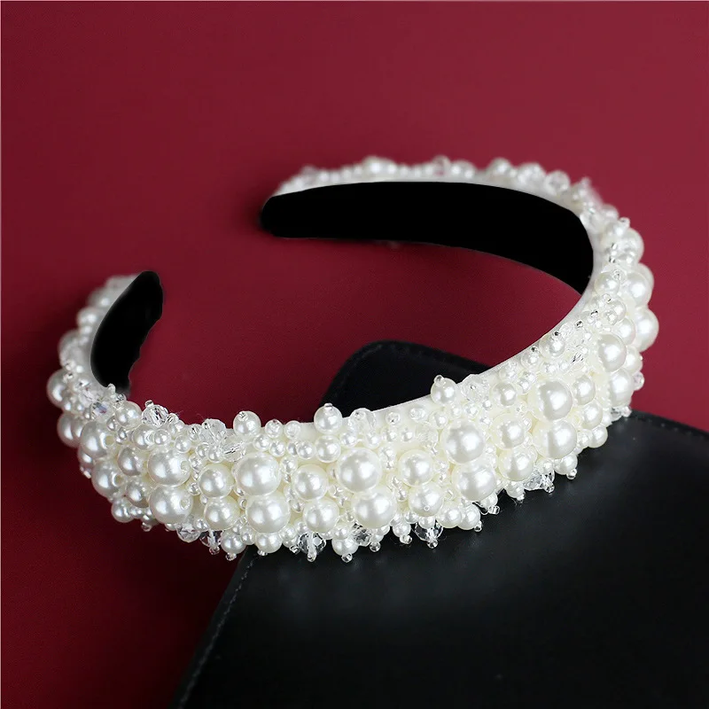 European and American Bride Pearl Headdress Celebrity Style Crystal Wide Hair Band Retro All-match Wedding Accessories