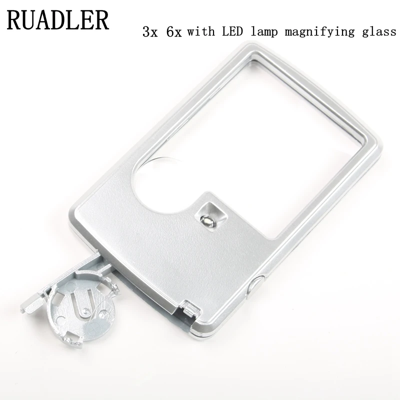 

High quality 3X 6X Mini ABS Card type with LED lamp magnifying glass with big lens and small lens