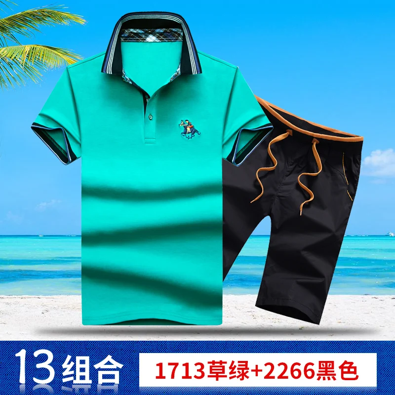 AZ-1713 13 Aismz Мужская спортивная одежда повседневные спортивные костюмы мужские Moletom Masculino Летние наборы вышивка поло топы футболки+ шорты мужские s комплект - Цвет: AZ-1713 13