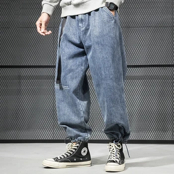 

Fashion Streetwear Men Jeans Retro Blue Loose Fit Printed Designer Harem Pants Black Gray Slack Bottom Hip Hop Jeans Homme