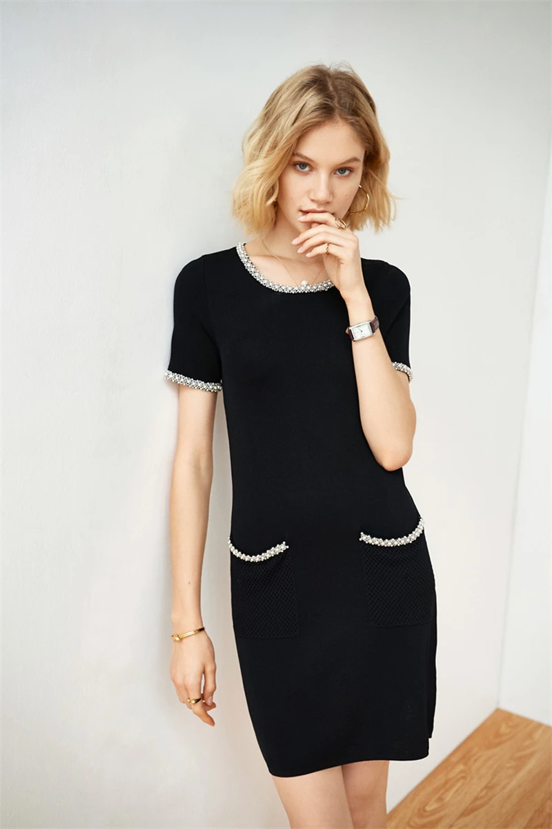 Tunjuefs Slim Fit выдалбливают карманы вязаное платье для женщин Vestido жемчужное Бисероплетение элегантное облегающее платье пуловеры комбинезон