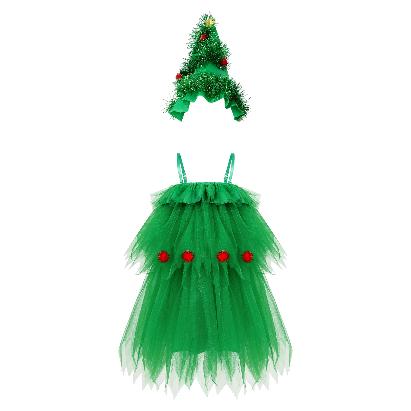 

Kids Girls Green Christmas Elf Cosplay Costume Layered Mesh Cami Dress/Hat Teenager Stage Performence Party Outfits New Year Elf