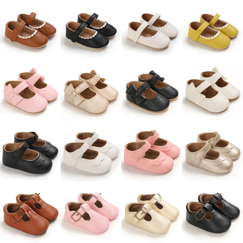 Infant Newborn Baby Girls Princess Non-Slip Floral Border Shoes Toddler Baby Soft PU Leather Prewalker Shoes Solid First Walkers