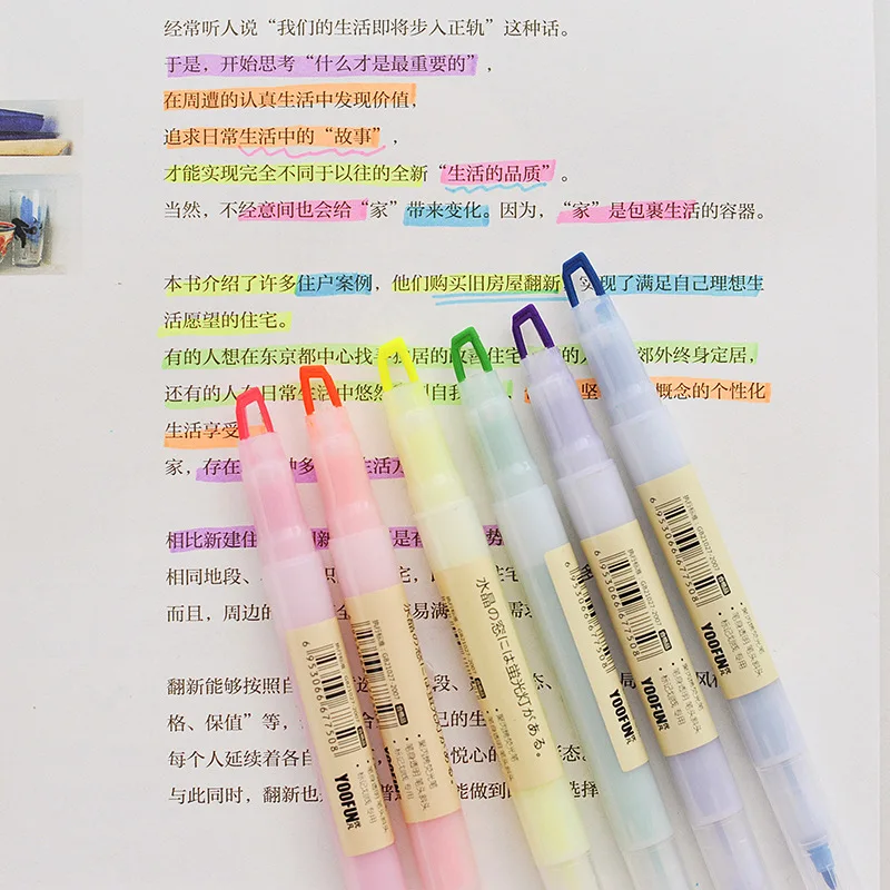 

6 Pcs/set Candy Transparent Double Head Macaron Color Highlighters 6 Colors Drawing Marker Pens Stationery Gifts Office Supplies