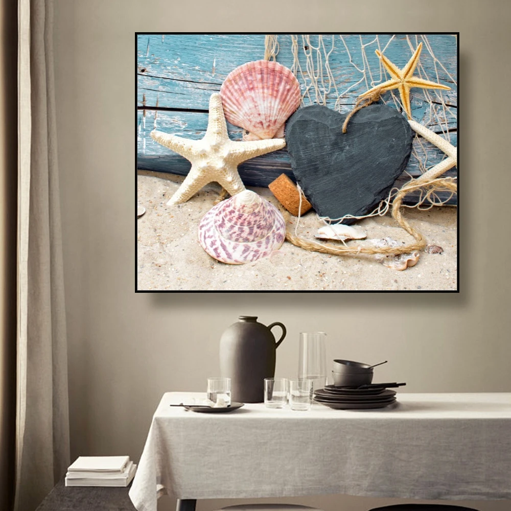 Canvas Art Painting Beach starfish, shells and wood carving Art Poster Picture Wall Decor Modern Home Decoration For Living room