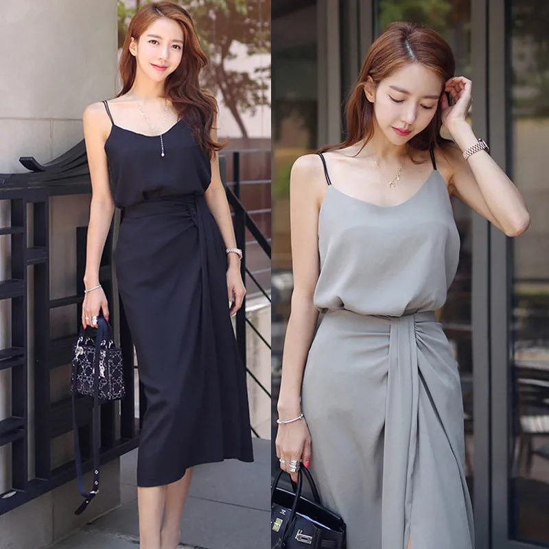 

2019 Summer Wear New Style Korean-style Two-Piece Set Elegant Top Shirt with Narrow Straps Slim Fit Slit Skirt WOMEN'S Suit