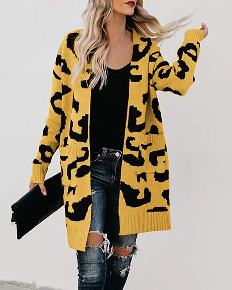 Sweater Girls Long Section Two Pocket Leopard Print Cardigan