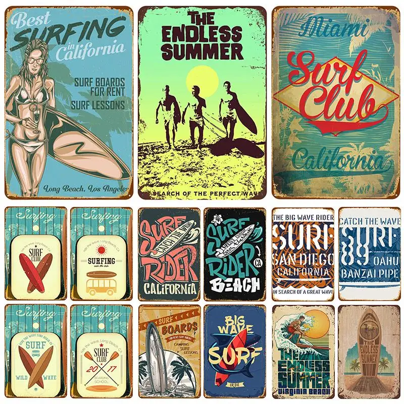 

Surfboard Plaque Metal Vintage Tin Sign Pin Up Shabby Chic Decor Metal Signs Vintage Bar Decoration Metal Poster Pub Metal Plate