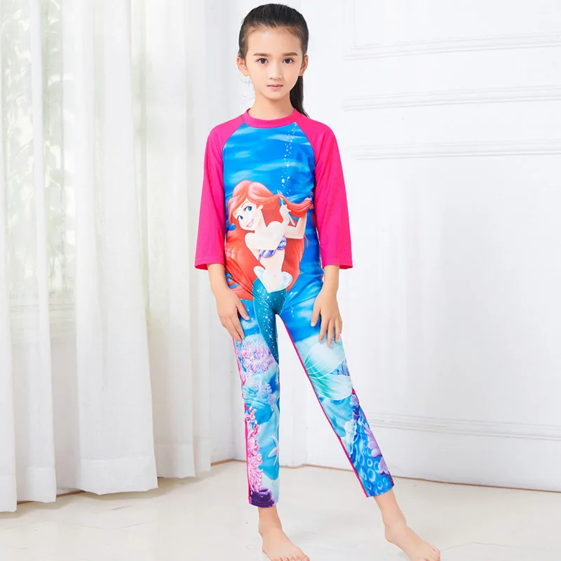 3-11Y Baby Girls Mermaid Swimsuit One Piece Long Sleeve Elsa Anna Cartoon Sophia Bathing Suits Quick-drying Beach Swimwear
