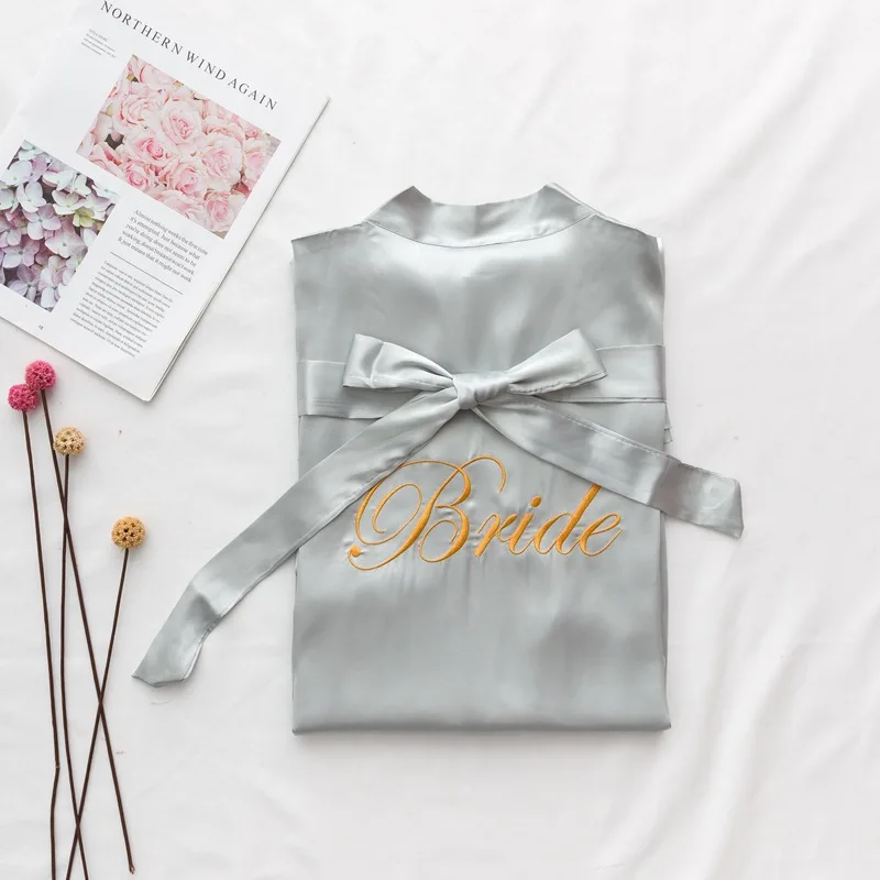 gray bride Одежда для невесты однотонный халат Элегантная пижама для невесты сексуальный женский домашний халат Банный халат кимоно шелковый халат для сна - Цвет: gray bride