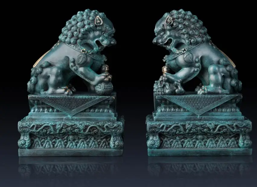 8,2 дюймов китайский Арт Деко Чистая латунь Foo Dog Guardian животные дверь лев скульптура пара