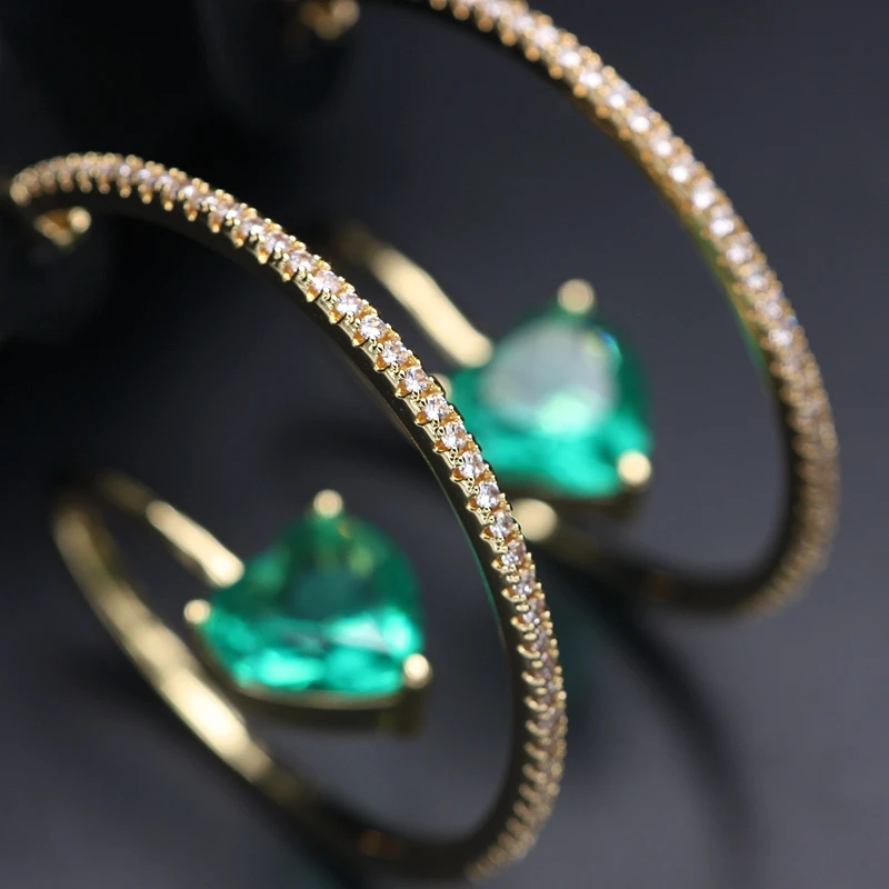 Золотой обруч серьги зеленый в форме сердца Кристалл Камень круглые серьги для женщин высокое качество белый кубический цирконий ювелирный подарок