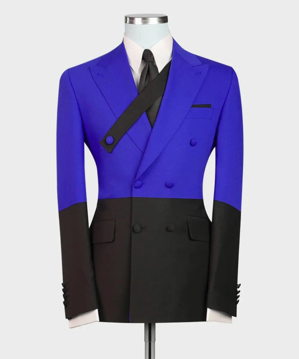 

Royal Blue And Black Costume Homme Men Wedding Suit Slim Fit 2 Piece Double Breasted Tuxedo Groom Prom Best Man Blazer Masculino
