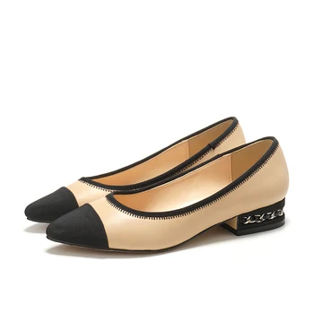 

2020 New Apricot Black Pointed Single Shoes Women's Sandals Shallow Mouth Chain Stitching Color Matching Women's Work Shoes