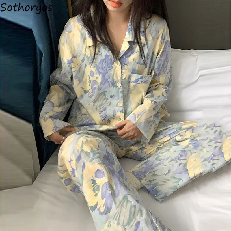 

Women Pajama Sets Spring Autumn Long Sleeve Floral Vintage Fashion Nightwear Loose Elegant Pyjamas Female Leisure2-piece M-3XL